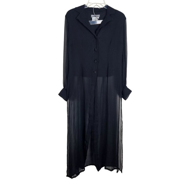 Maggy London Sheer Black Long Buttoned Duster Silk Jacket and Pants Size 10 Pet - Picture 1 of 13